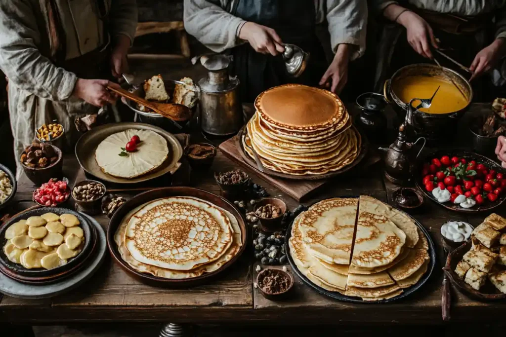 Pancake history timeline, showing cooking methods across different eras