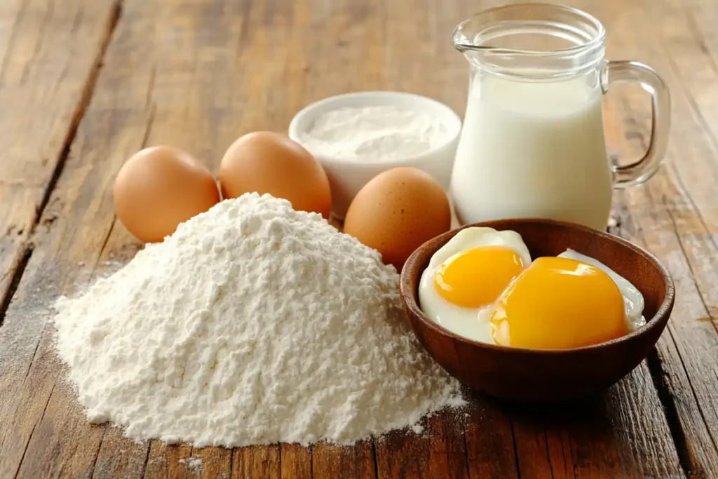 Fresh ingredients for fluffy pancakes: flour, eggs, milk, butter, baking powder, and salt