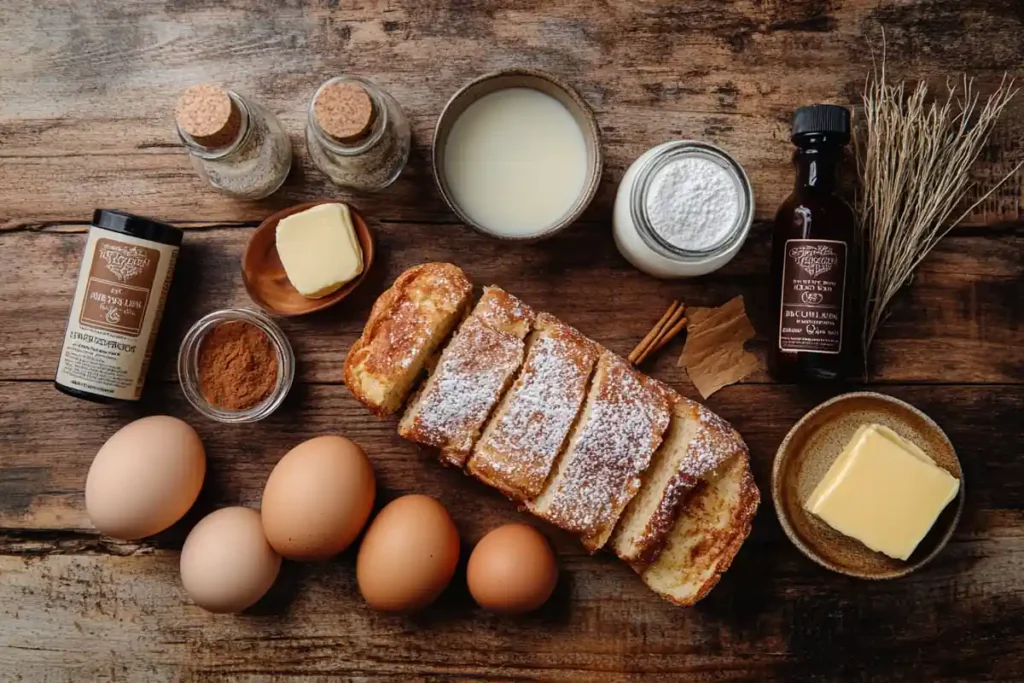 Flat lay of ingredients for French toast pancakes: eggs, bread, milk, cinnamon, butter, vanilla extract, powdered sugar