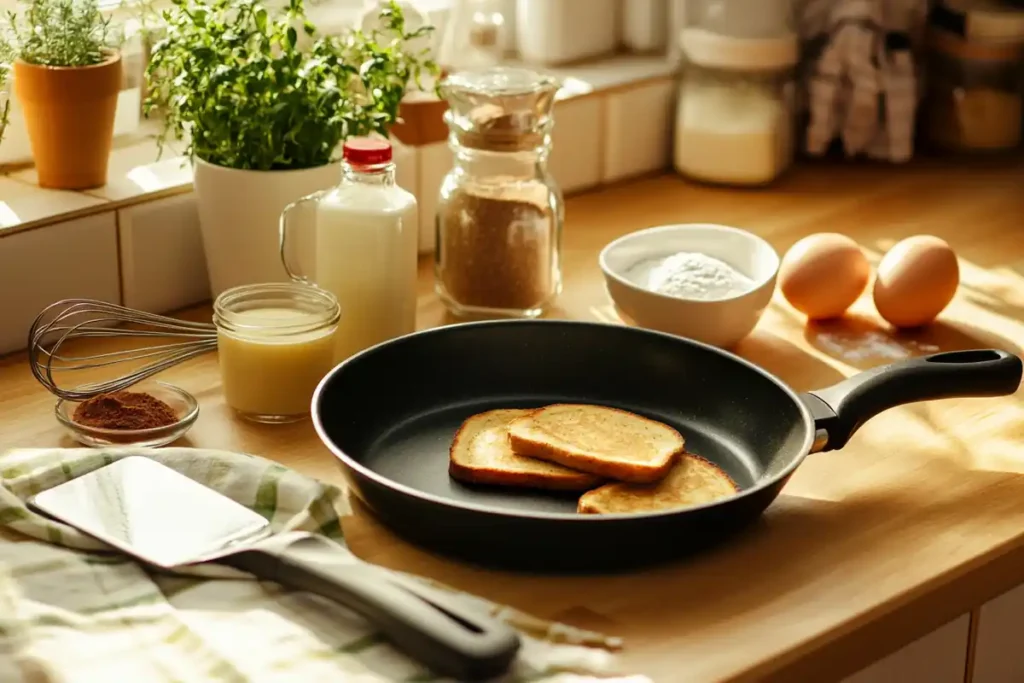 Kitchen tools for making French toast pancakes: pan, measuring cup, bread, whisk, spatula, cinnamon, sugar, butter dish