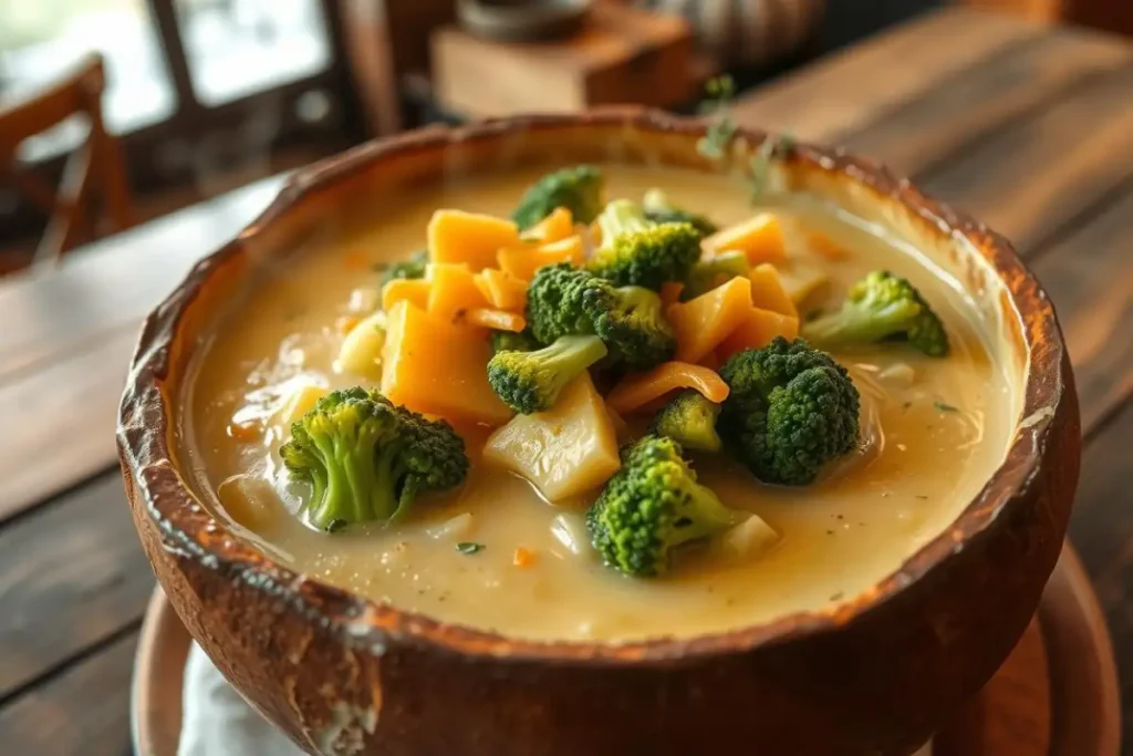 A creamy bowl of Panera's Broccoli Cheddar Soup in a bread bowl