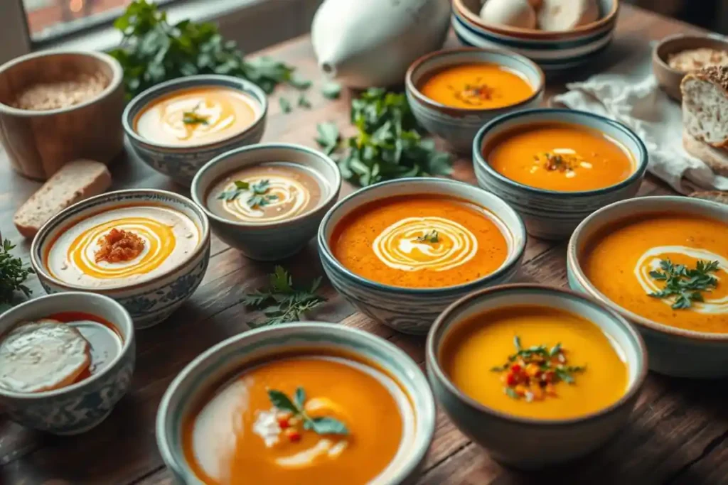 An assortment of vibrant seasonal soups in beautifully designed bowls