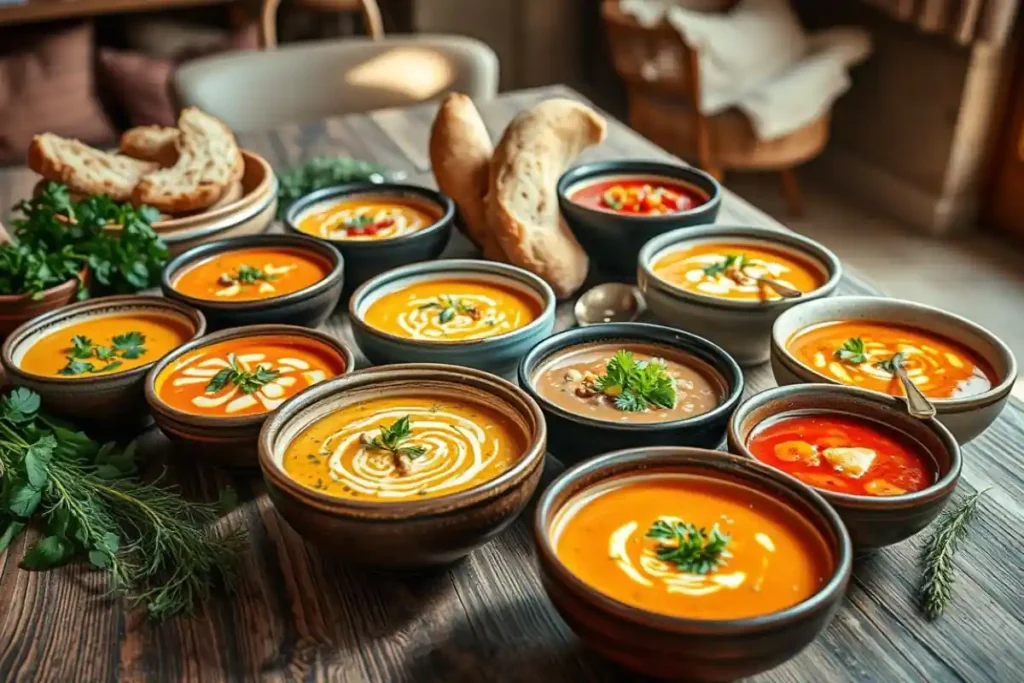 An array of colorful bowls of Panera soup with fresh herbs and artisan bread