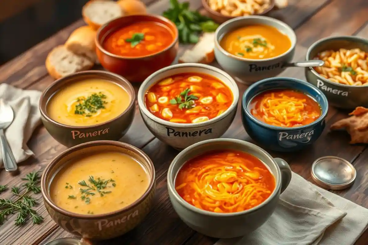 A variety of colorful Panera Bread soups with bread rolls and garnishes