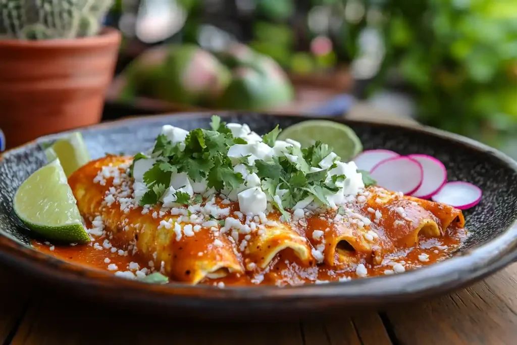 Beautifully plated enchiladas with red sauce and garnishes.