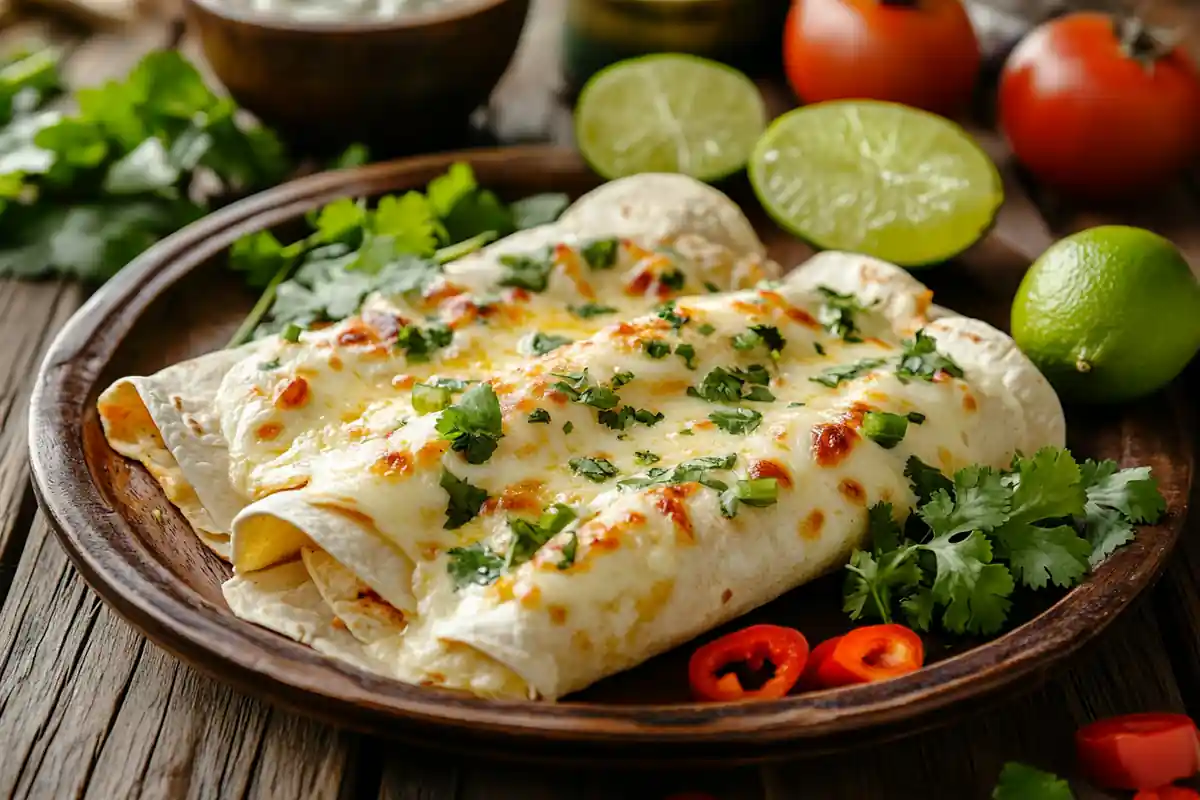 Enchiladas with bubbling cheese and fresh garnishes.