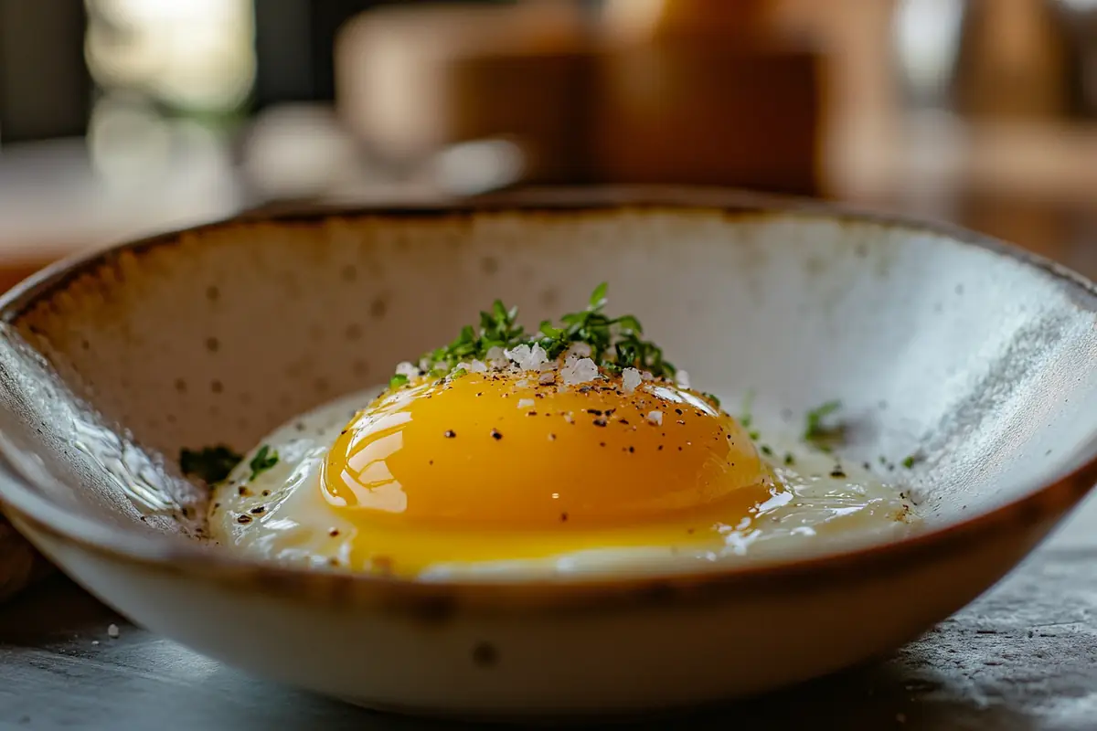 Perfectly cooked jammy eggs with a creamy golden yolk in a white bowl on a rustic wooden counter