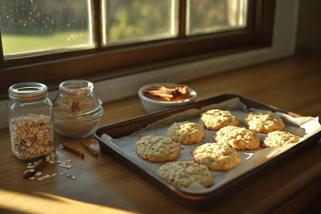 Freshly baked oatmeal cookies on a cooling rack with oats and cinnamon nearby