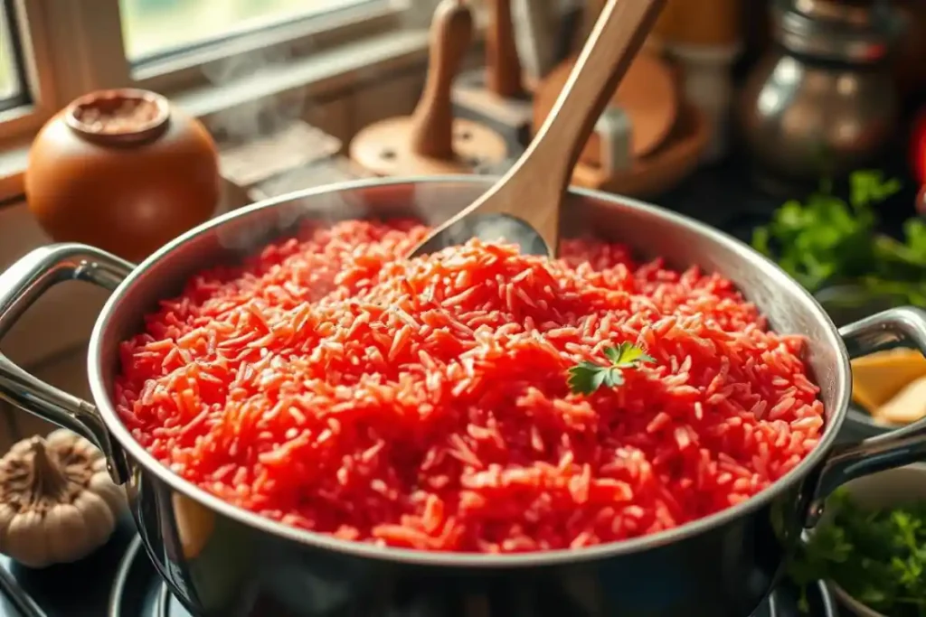 Steaming pot of perfectly cooked red rice on a stovetop with fresh ingredients.