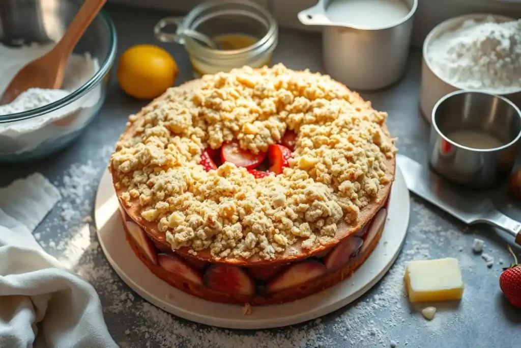 Freshly baked dump cake with golden crust and fruit layers, baking tools nearby.