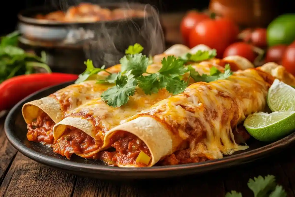 Freshly baked enchiladas with golden cheese and garnishes.