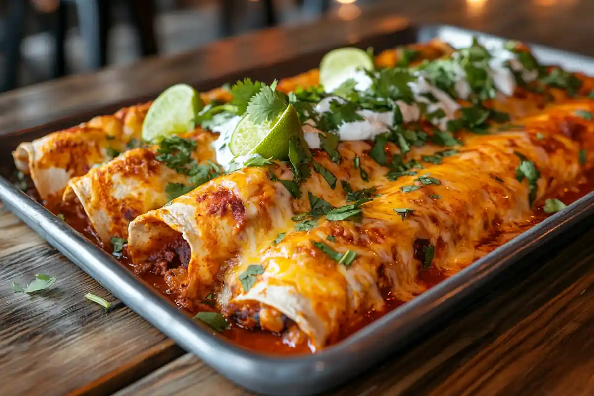 A beautifully plated tray of enchiladas with golden-brown melted cheese, vibrant red sauce, and garnishes of fresh cilantro and lime slices, served on a rustic wooden table with warm lighting.