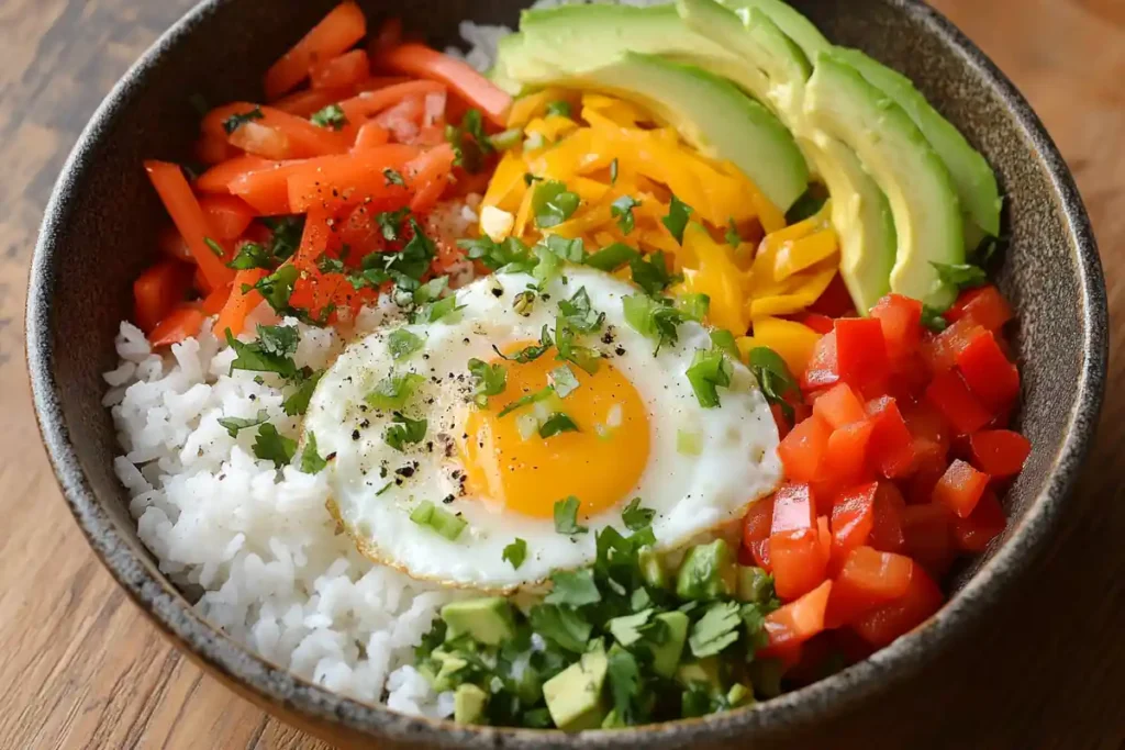 Cooked egg bowl with vegetables, bacon, and garnishes.