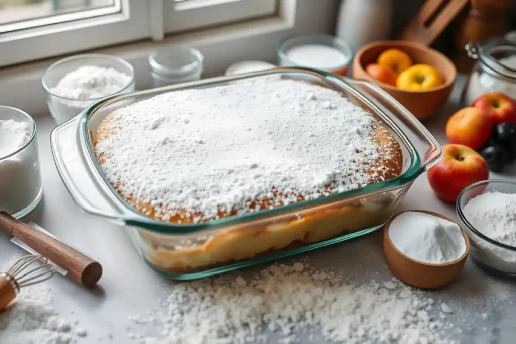 Partially baked dump cake with powdery texture in glass dish, surrounded by ingredients.