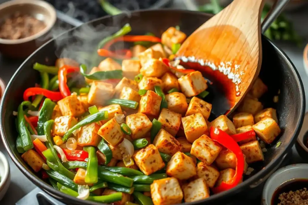 Stir-fry of tauhu and fresh vegetables in a traditional wok