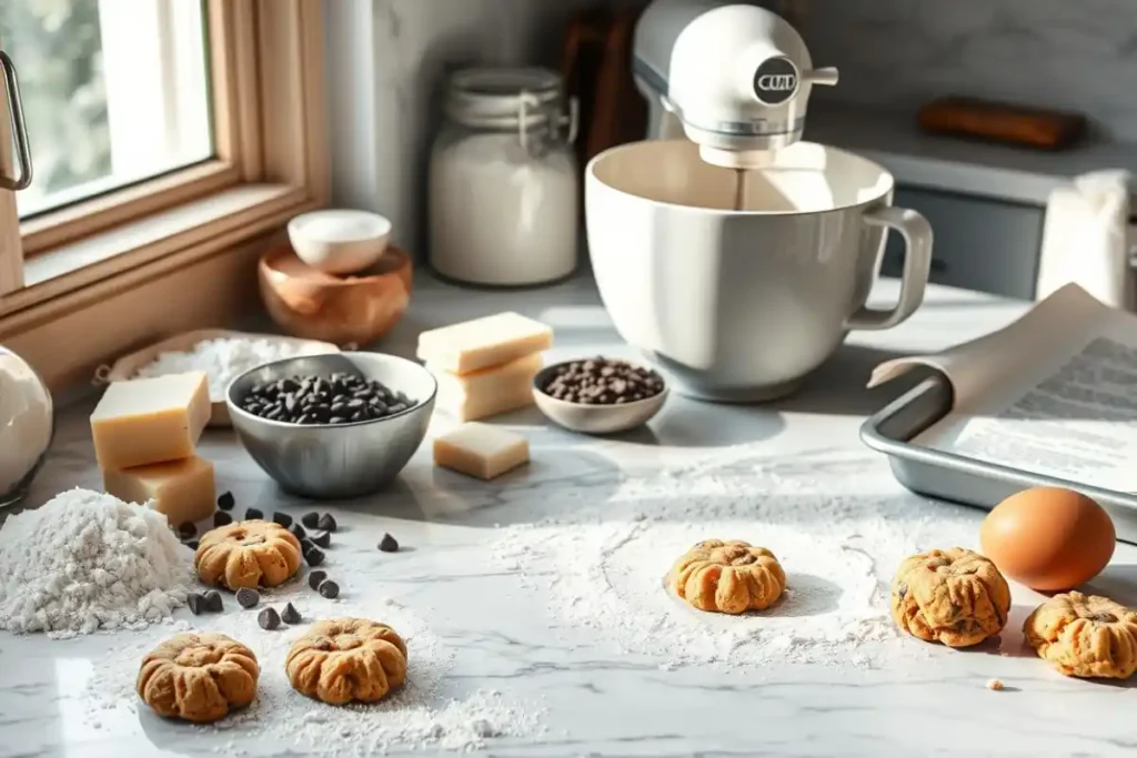 Kitchen scene preparing Crumbl cookie dough