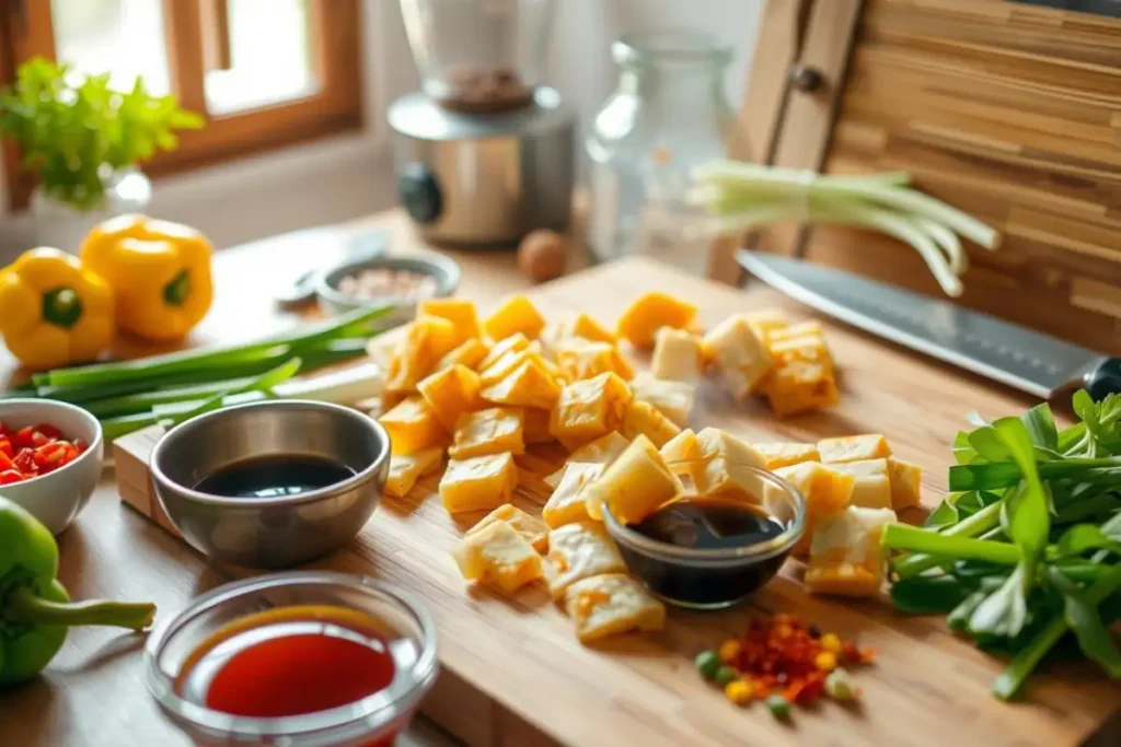 Fresh ingredients and tauhu being prepared in a vibrant kitchen setting