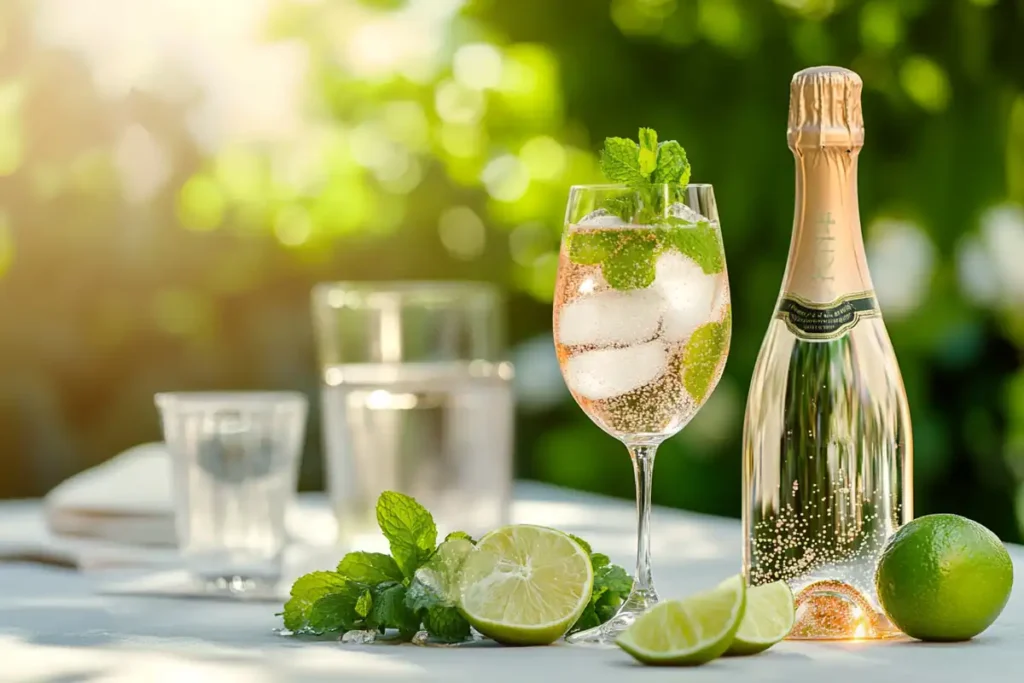 Selection of Prosecco bottles, mint, elderflowers, and Hugo Spritz