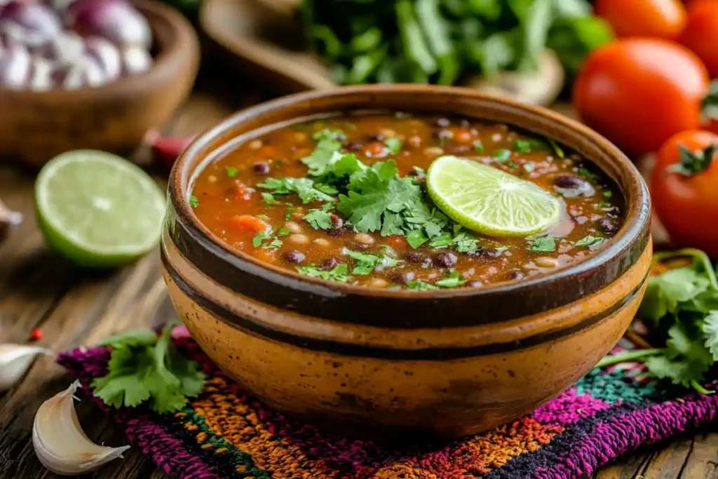  Close-up of black bean soup with fresh garnishes and a dollop of sour cream.