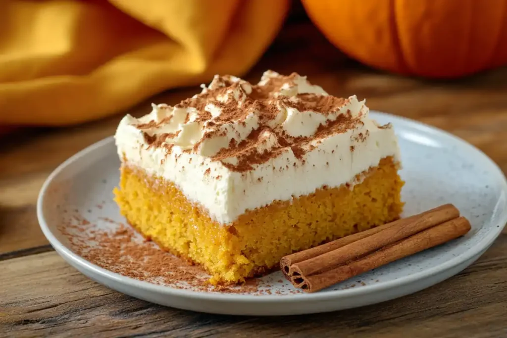 Pumpkin spice cake slice with cream cheese frosting on a rustic table