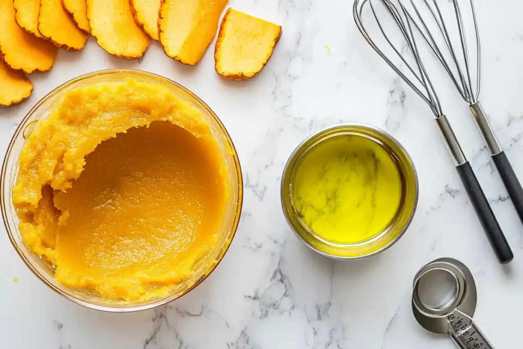 Canned pumpkin puree, fresh pumpkin slices, and a measuring cup of oil on a kitchen counter