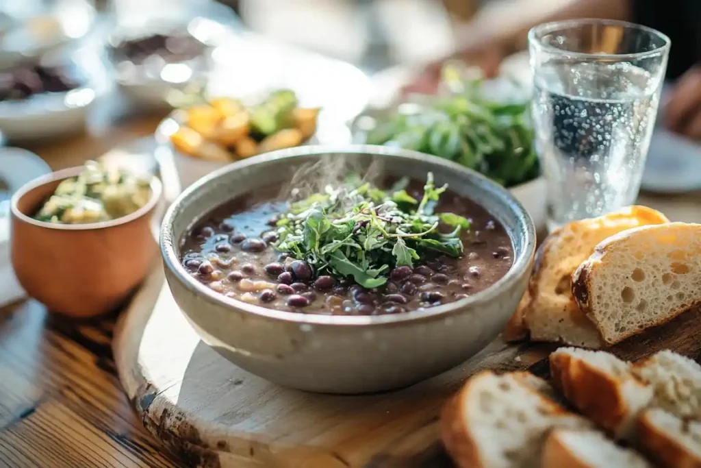  Purple black bean soup served with bread and a salad.