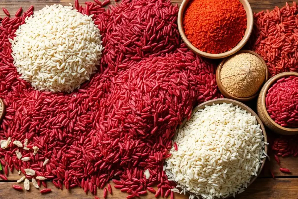 Essential ingredients for red rice: uncooked red rice, garlic, onions, broth, and tomato paste.