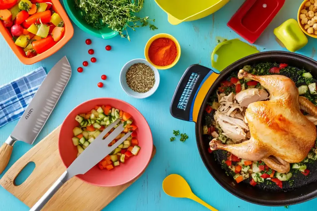 Kitchen tools and ingredients for preparing rotisserie chicken