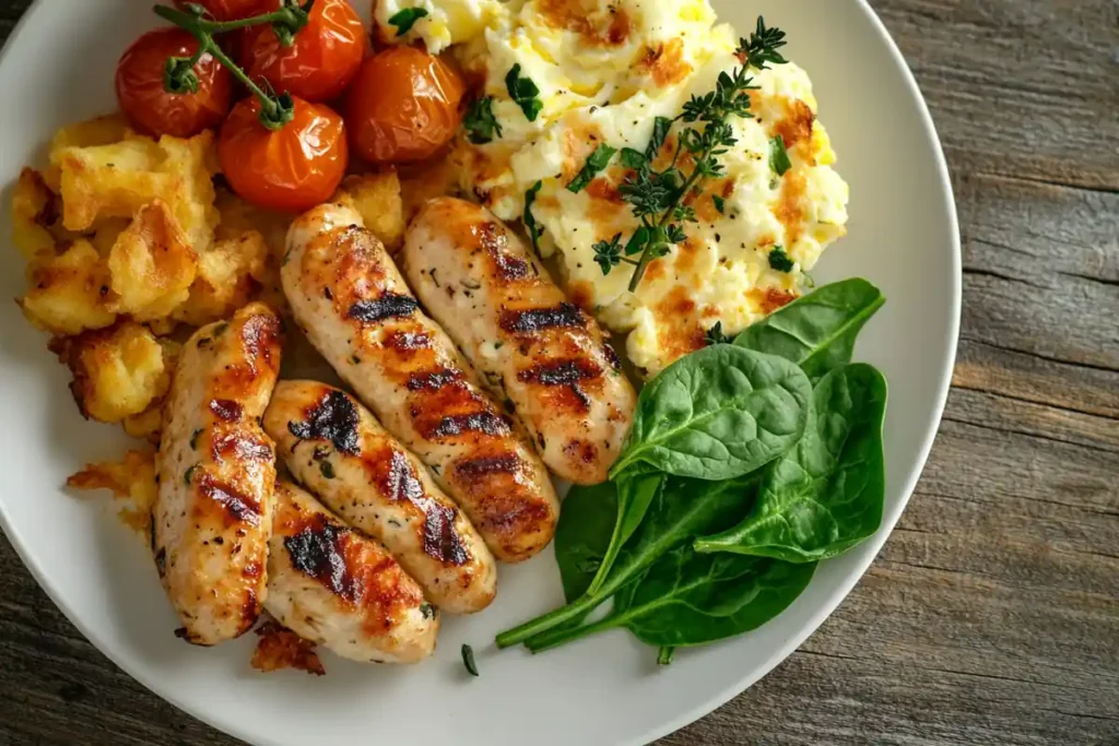 Breakfast plate with chicken sausage, scrambled eggs, roasted tomatoes, and spinach