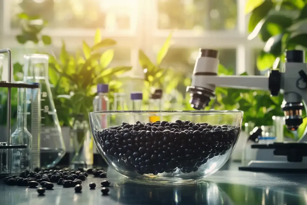  Close-up of soaking black beans in a glass bowl with scientific elements.