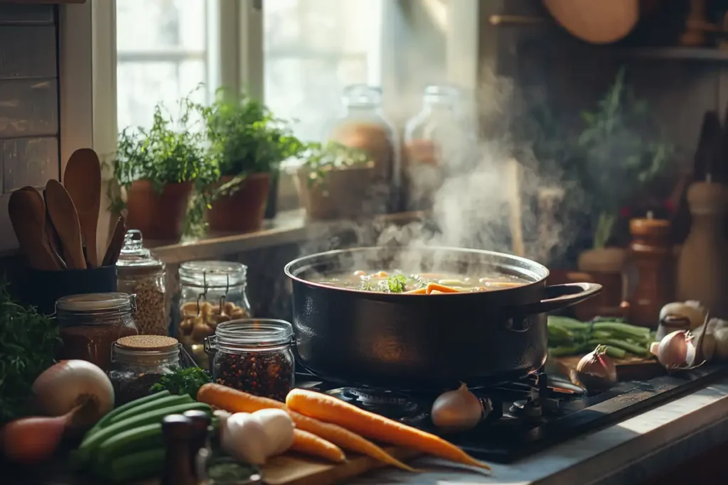 Pot of simmering bone broth with fresh vegetables and spices.