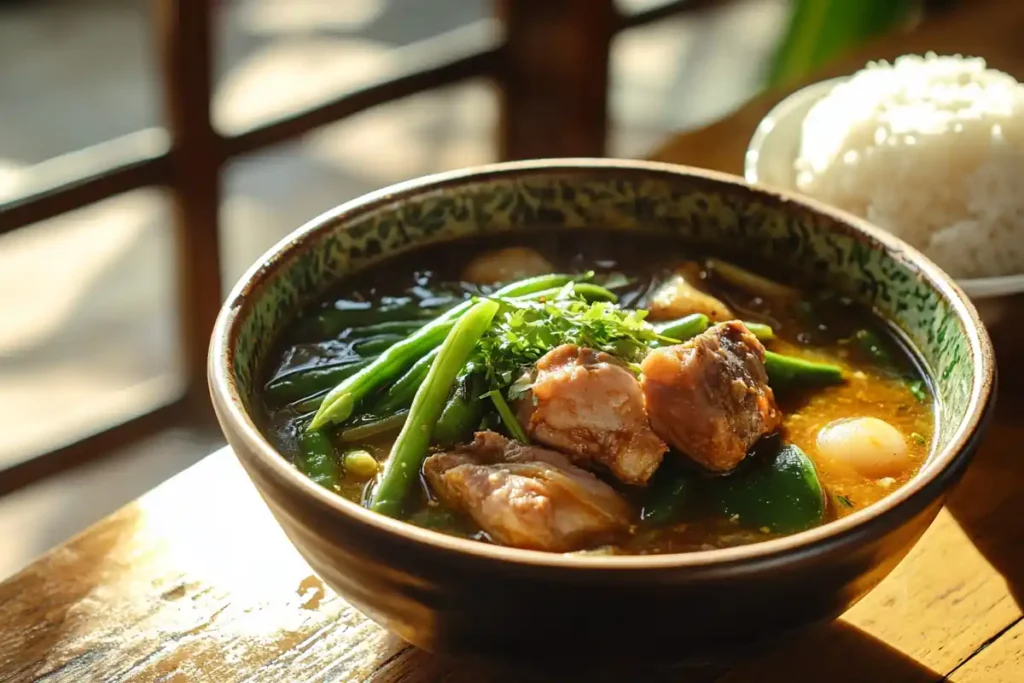 A hearty bowl of sinigang with pork ribs, vegetables, and tamarind broth