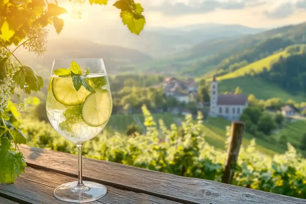 Hugo Spritz origin in South Tyrol with vineyards and elderflower blossoms