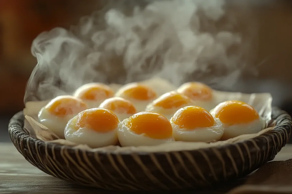 Steaming jammy eggs in a steam basket, showing golden yolks and steam