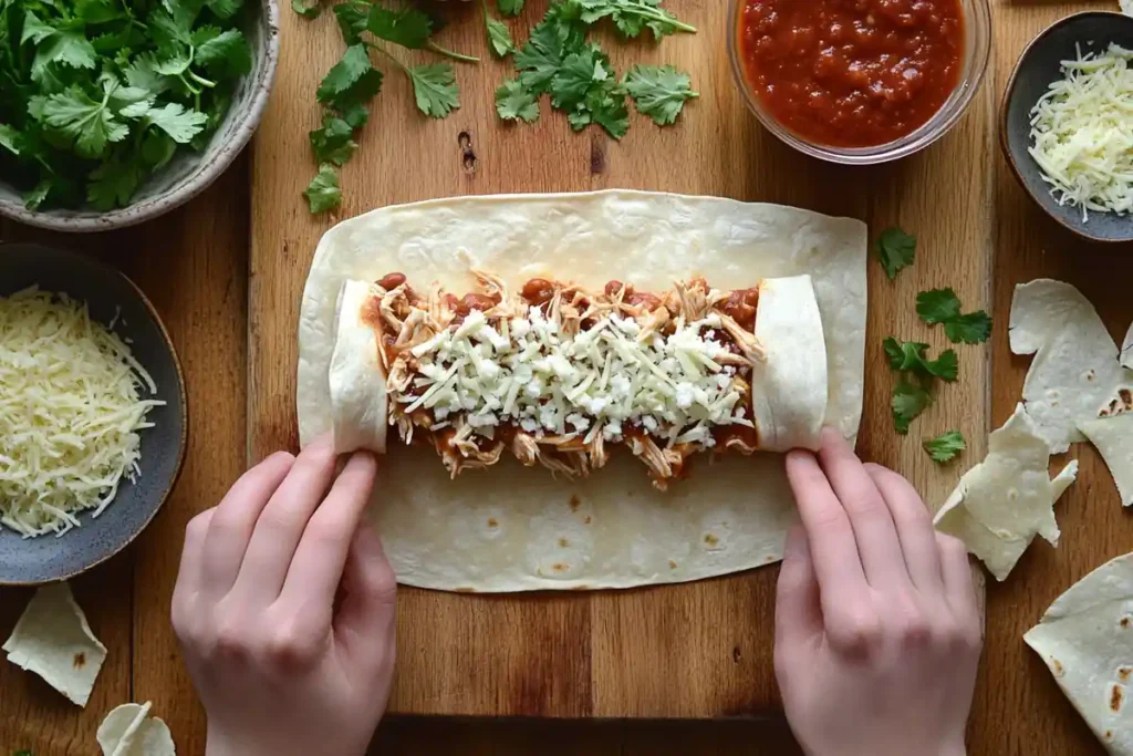 Assembling enchiladas with fresh ingredients