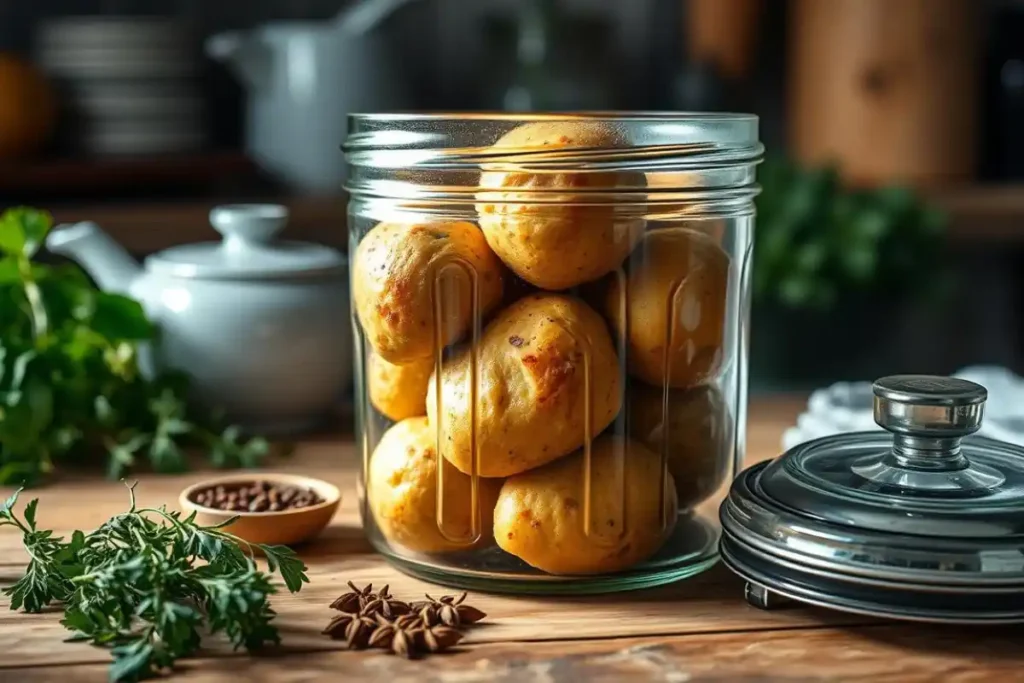 Fresh Papas Rellenas in a vintage glass storage container