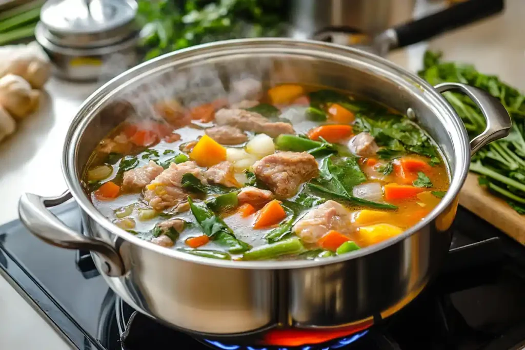 A pot of sinigang soup with bubbling broth and fresh ingredients.