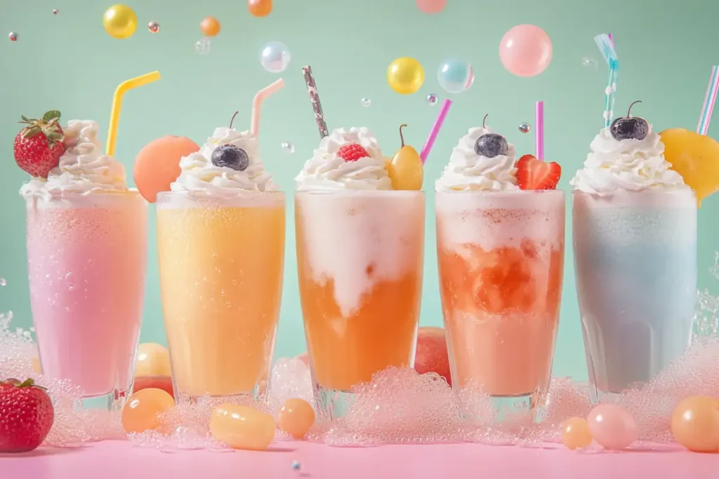 Dirty sodas topped with whipped cream and garnished with fruit in a TikTok-themed setting