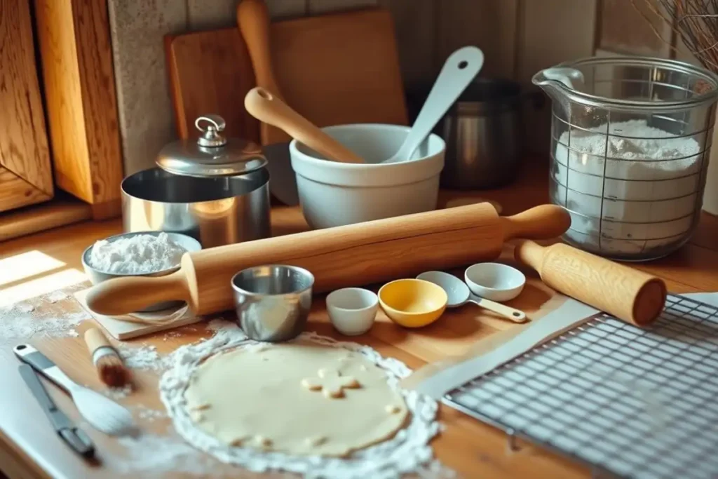 Swiss Gipfeli baking tools on a rustic countertop