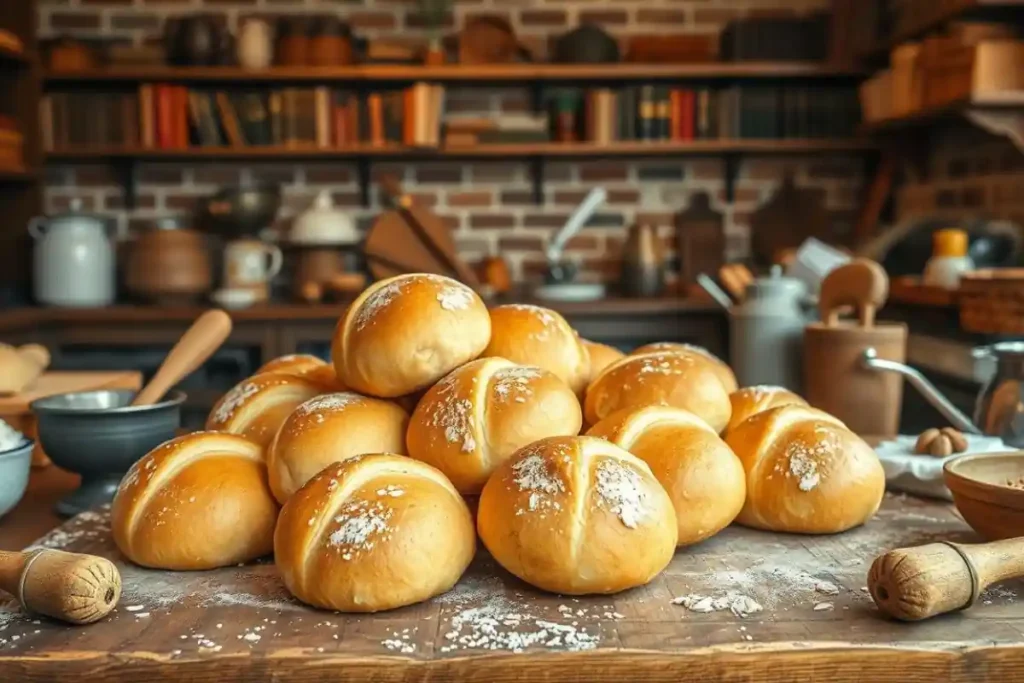 Vintage bakery scene with Kaiser rolls.