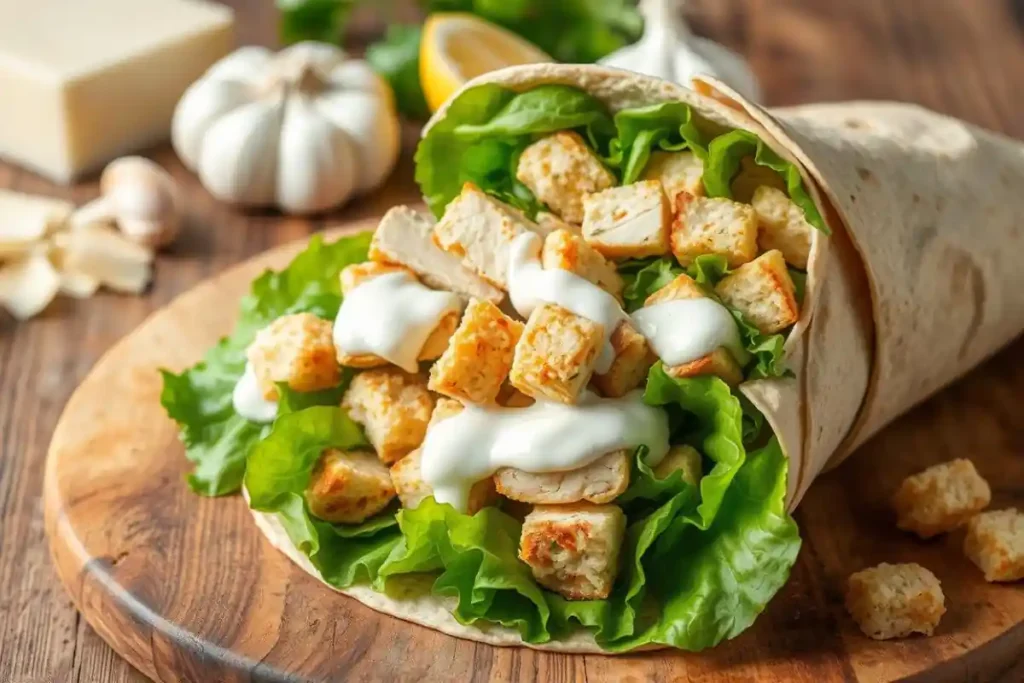 Chicken Caesar wrap with romaine lettuce, chicken, Caesar dressing, and croutons.