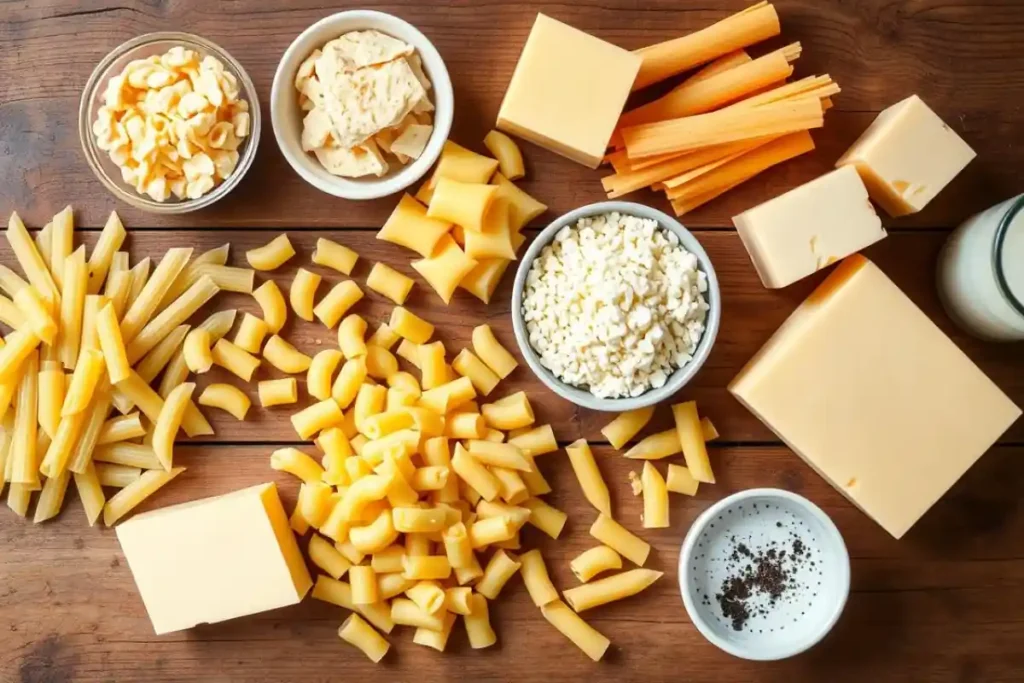 Ingredients for homemade macaroni and cheese: pasta, cheese, butter, milk, and breadcrumbs