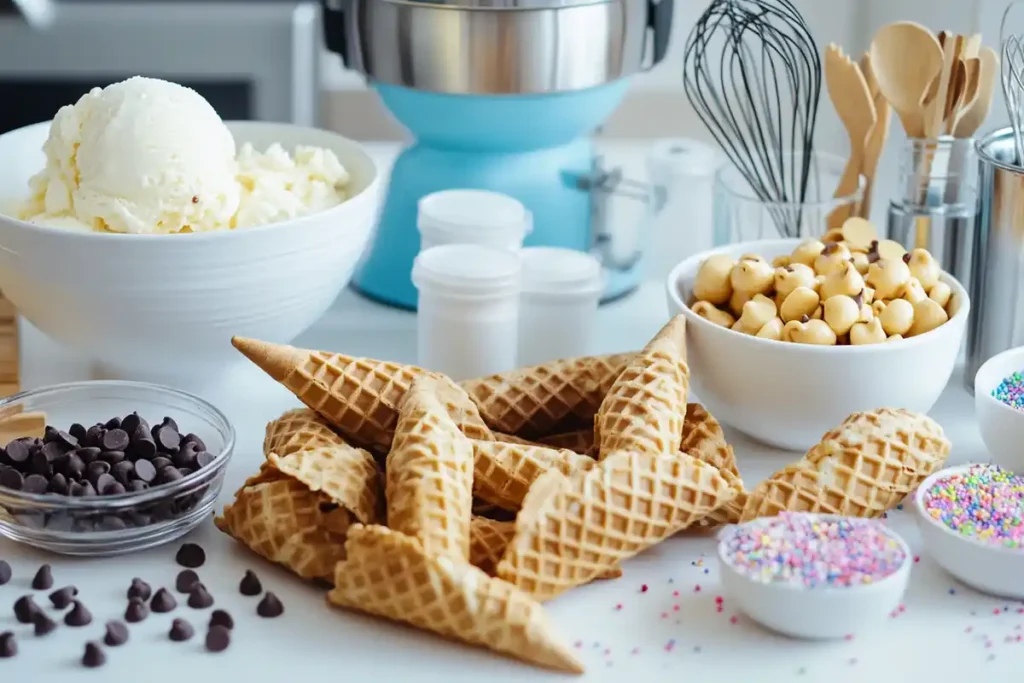 Waffle cone ingredients and kitchen tools in a kitchen setting