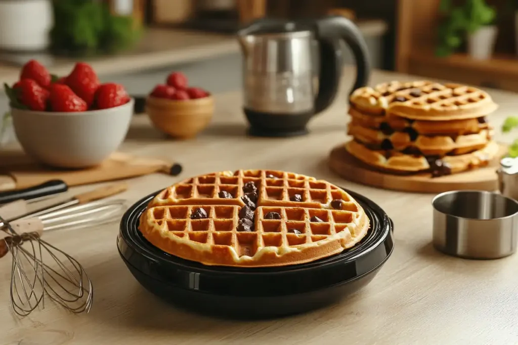 Kitchen tools for making chocolate chip waffles with waffle maker