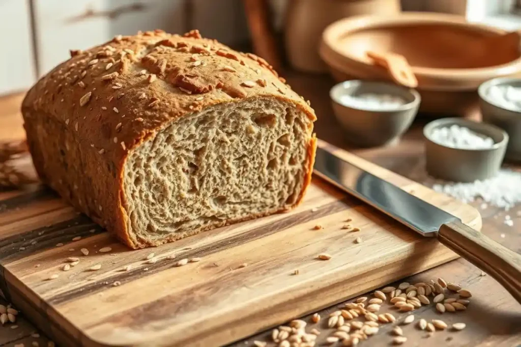 Freshly baked wheatberry bread on a wooden cutting board with wheat grains and honey