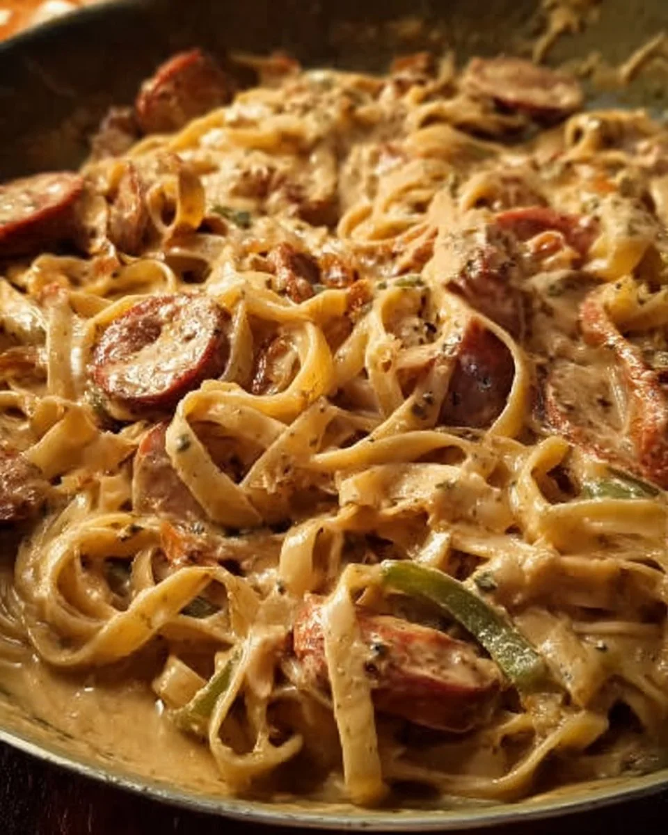 A colorful plate of Cajun Pasta with shrimp, bell peppers, and spices.