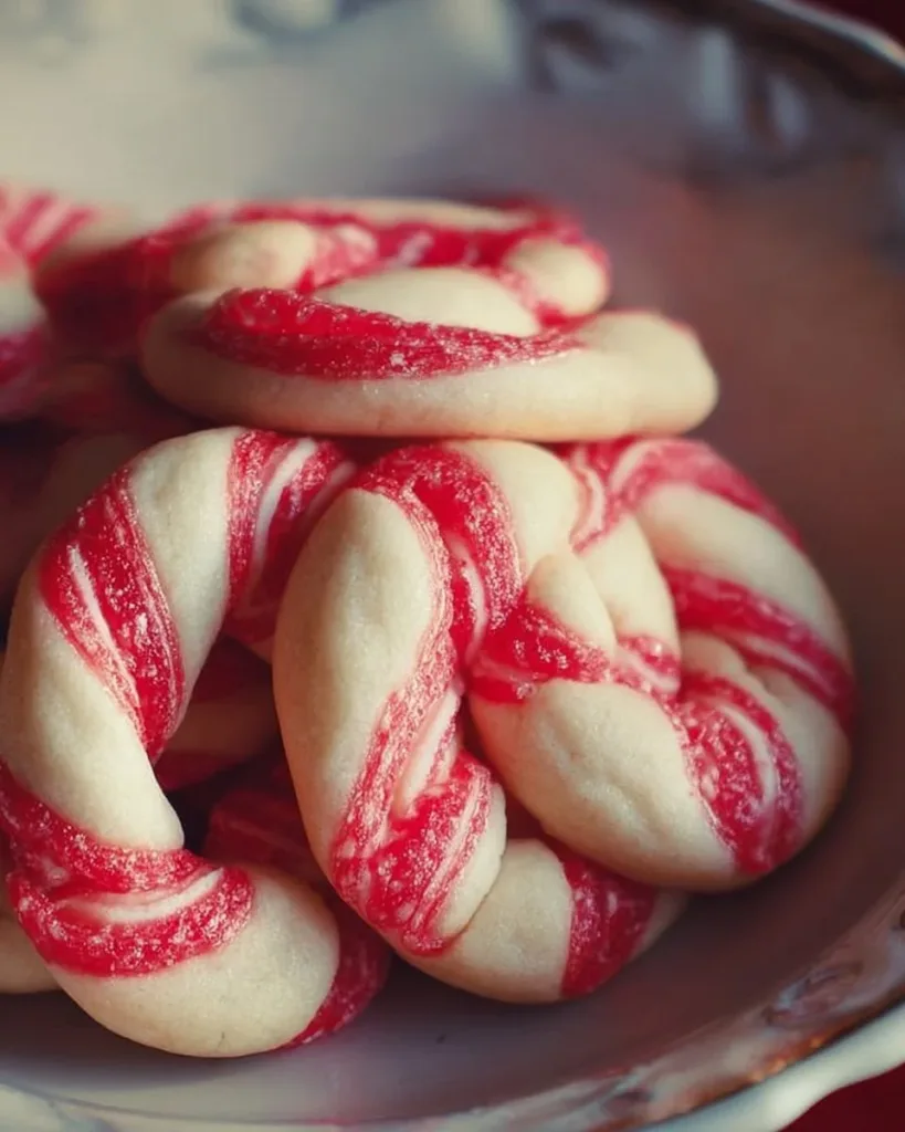 Plate of colorful candy cane cookies decorated with red and white icing.