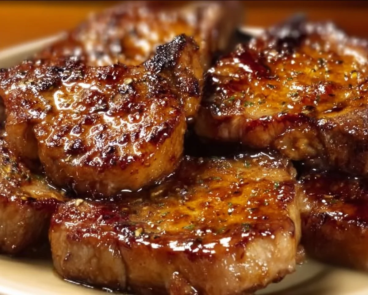 Juicy brown sugar chops on a plate garnished with herbs.