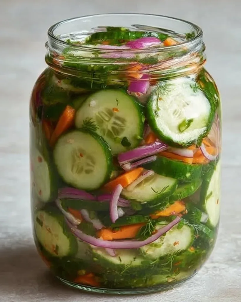 Fresh pickled cucumber salad garnished with herbs and spices, served in a bowl.