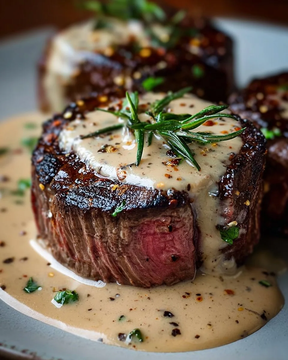 Seared Filet Mignon with Shallot Peppercorn Cream Sauce 2 Seared filet mignon with shallot peppercorn cream sauce served on a plate